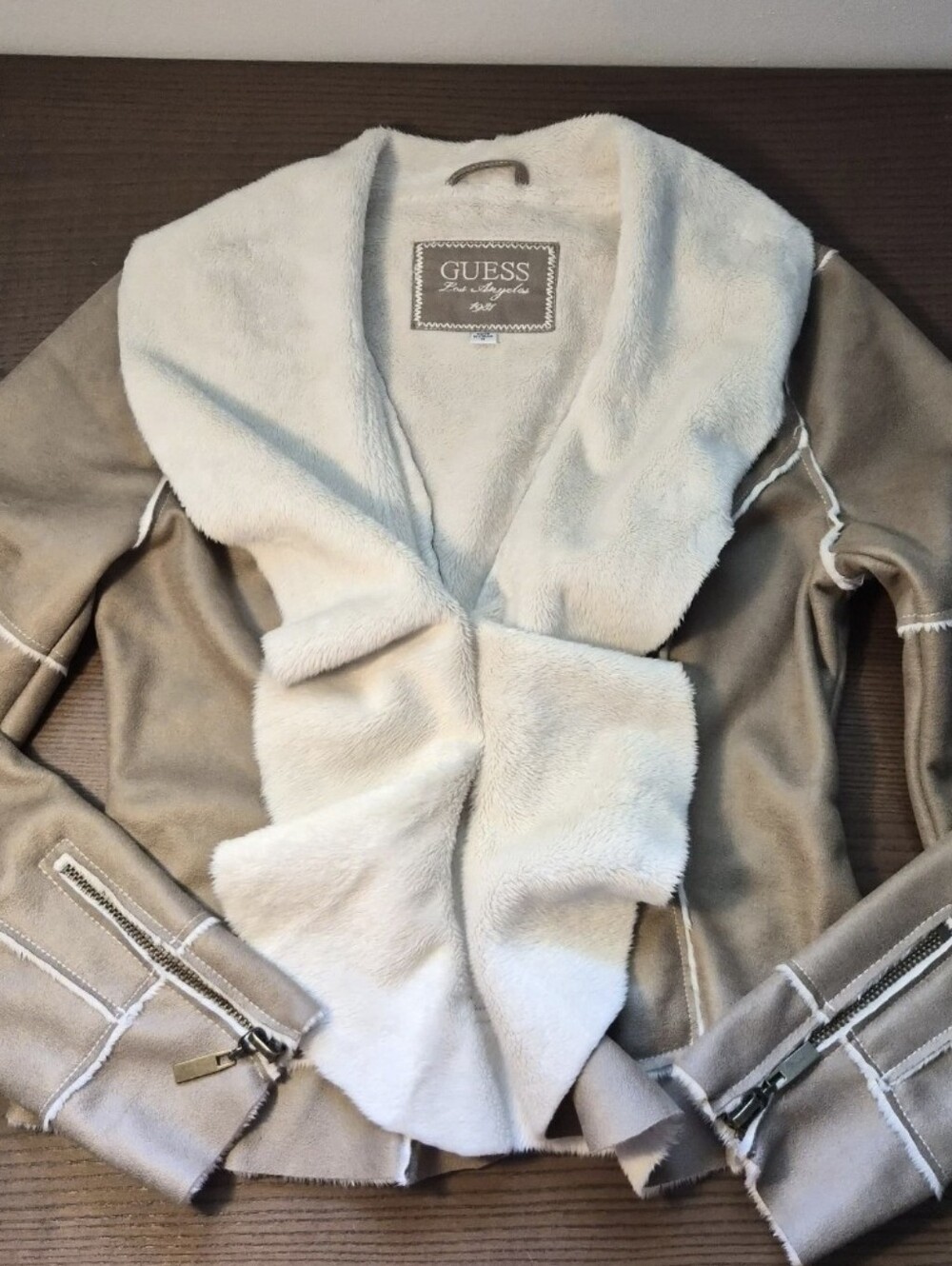 Guess Women's Cropped Camel Suede and Cream Faux Fur Lightweight Jacket, Size M